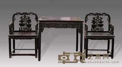 清 红木钟鼎纹方桌 椅（3件） 